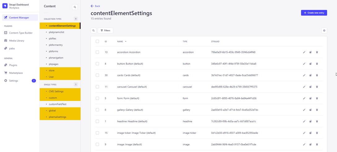 Menu contentElementSettings