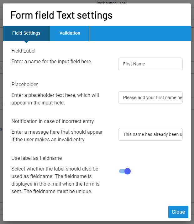 Field settings for text fields