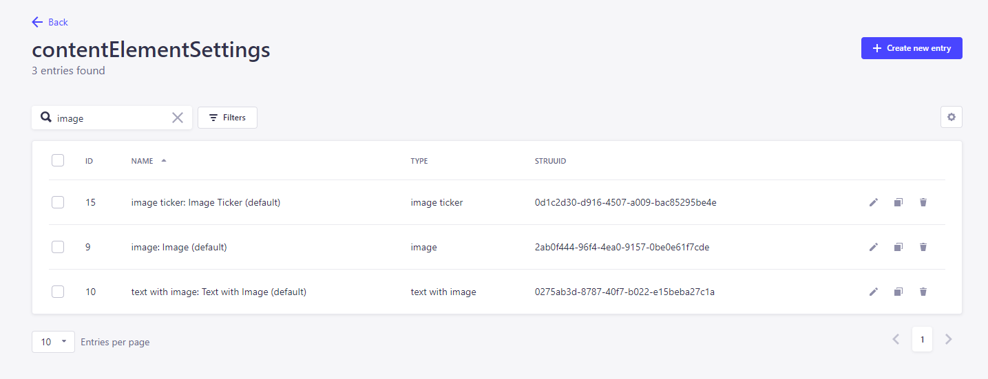 Result search ContentElementSettings
