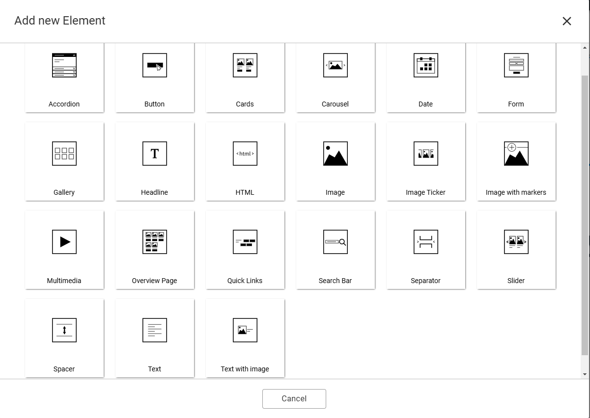 Overview of the content elements that can be added