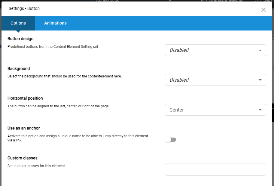 Example of settings options using the content element button