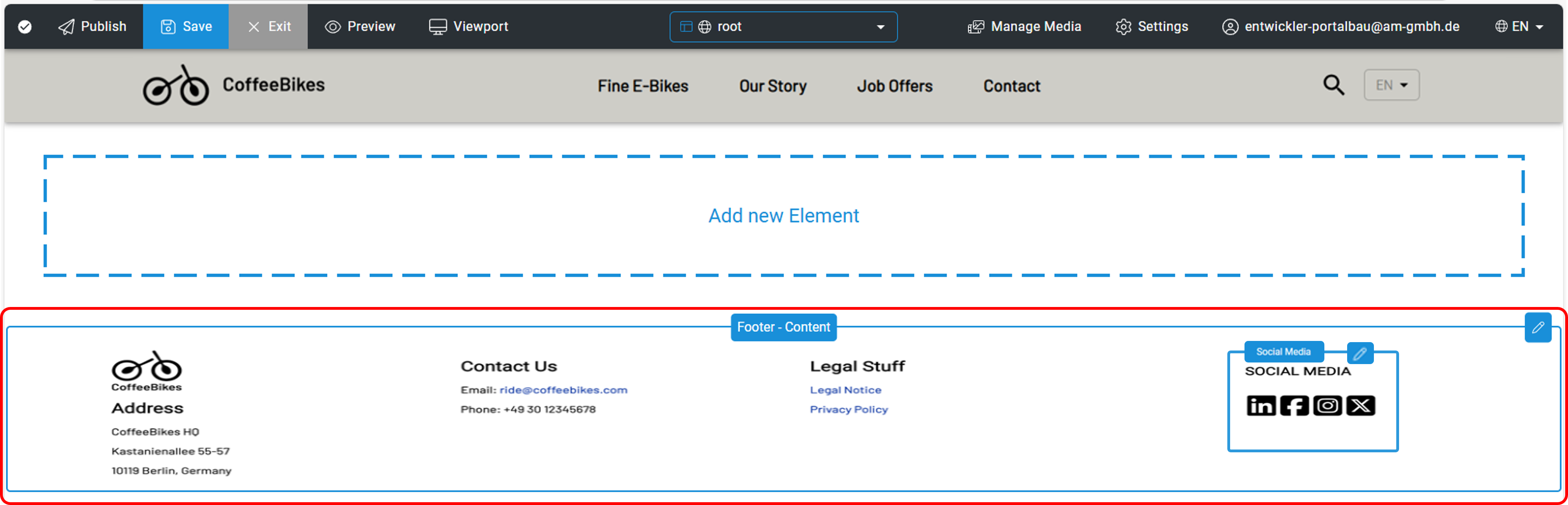 The footer allows you to add social media