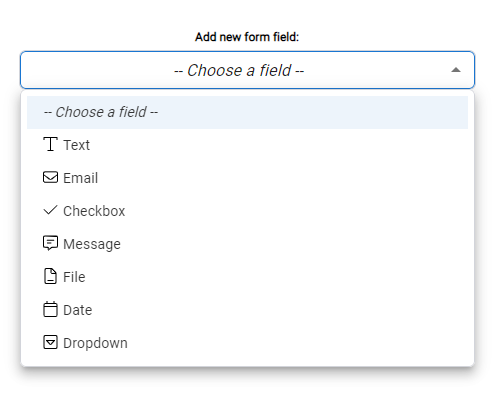 Dropdown mit allen Optionen die einem Formular als Felder hinzugefügt werden können