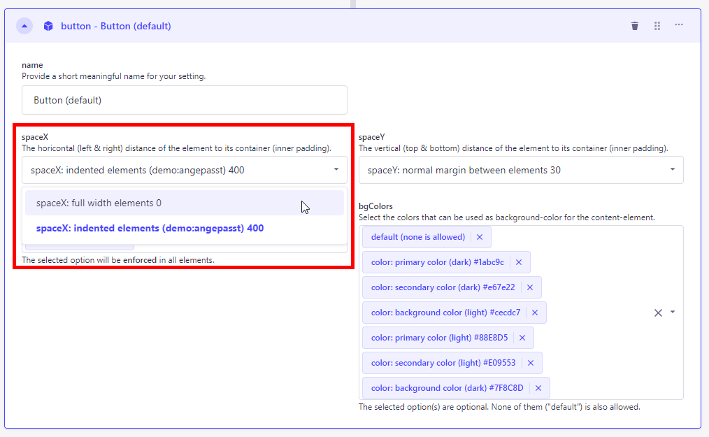 Dropdown weitere Store Settings