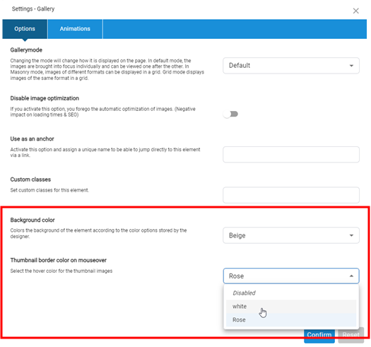 Frontend HoverColors Auswahl