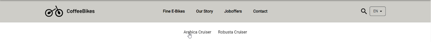 Die fertige Ansicht einer Navigation mit Logo, zwei Ebenen, Suche sowie Sprach-Dropdown