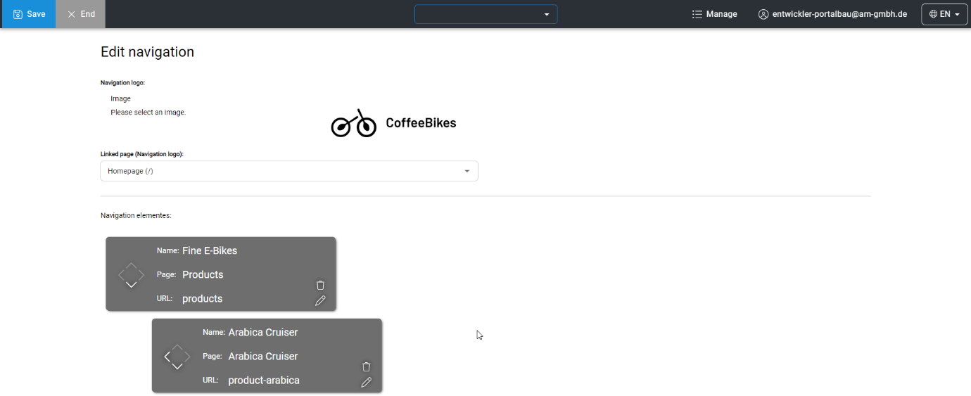 Bearbeitungsansicht der Navigation, um ein Logo hochzuladen, die Startseite und die Ebenen zu bestimmen