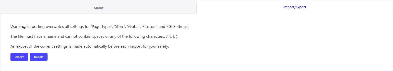 Hauptseite Reiter Import/Expoert