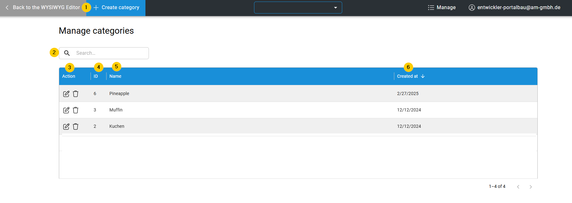 Manage Categories Übersicht