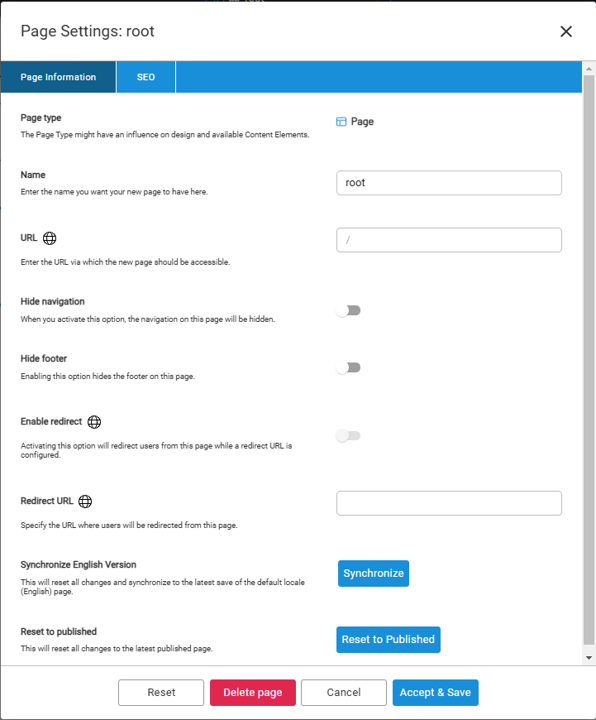 Settings einer Seite