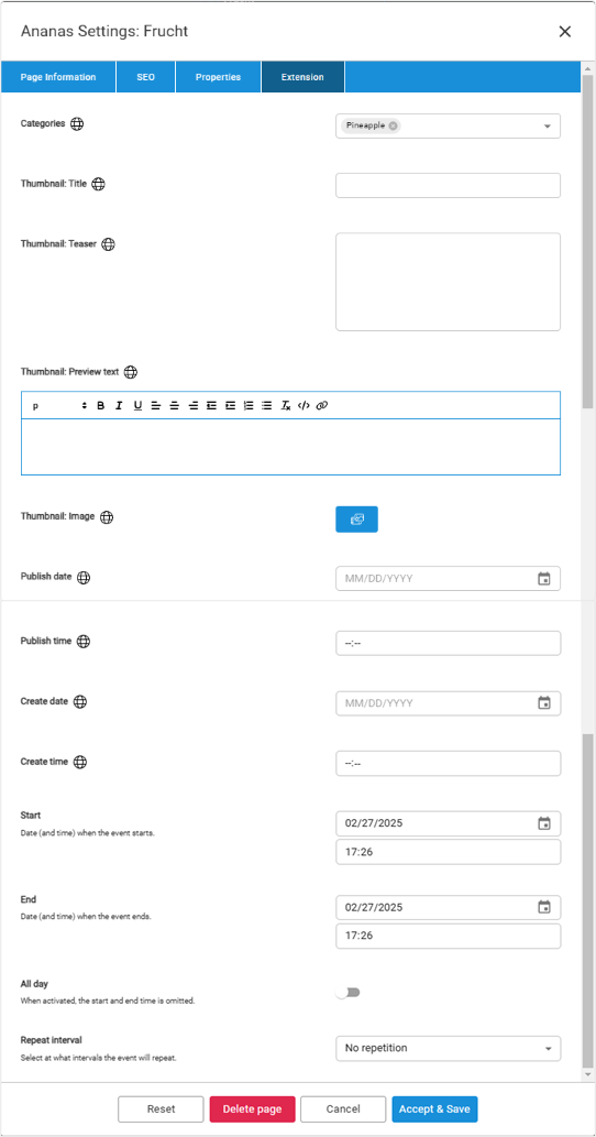 Setting Optionen Extension